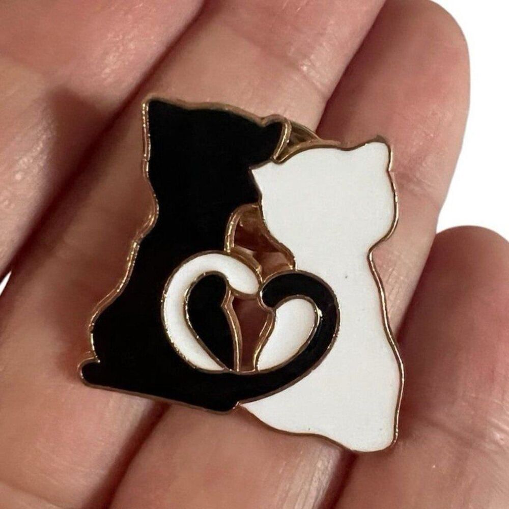 Cat Lovers Heart Black and White Cats Enamel Pin